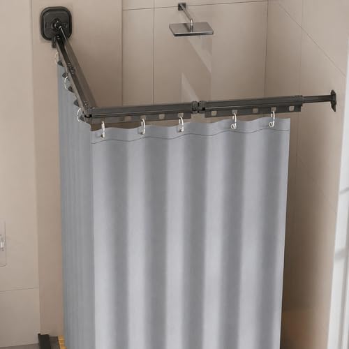 Wall Mounted Folding Shower Curtain, Punch-Free Suction Cups Folding Shower Curtain Rod, Adjustable Heavy Duty Shower Rod with Curtains for Bathroom Bathtub(Gray,4-Folds (Curtain 1.5m x 2m)) - color: Gray, size: 4-Folds (Curtain 1.5m x 2m)