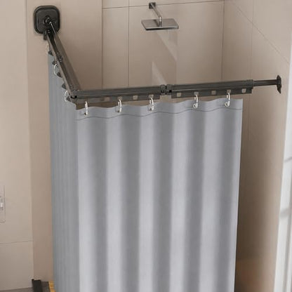 Wall Mounted Folding Shower Curtain, Punch-Free Suction Cups Folding Shower Curtain Rod, Adjustable Heavy Duty Shower Rod with Curtains for Bathroom Bathtub(Gray,4-Folds (Curtain 1.5m x 2m)) - color: Gray, size: 4-Folds (Curtain 1.5m x 2m)
