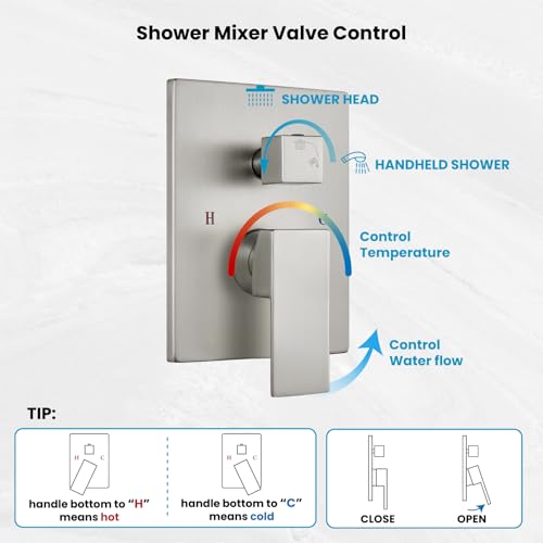 gotonovo Ceiling Shower System with Handheld Brushed Nickel,10 inch Head | Ceiling Mount Bathroom Shower Faucet Set,SUS304 Rainfall Head and Handle Set Combo,Brass Valve Trim Kit,All Metal - color: Nickel, size: 10 inch Head