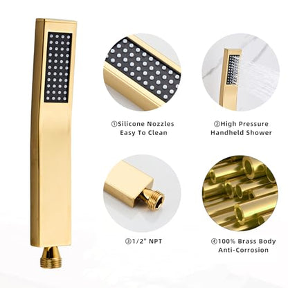 Handheld Shower Head，High Pressure Brushed Gold Shower Head,Water Saving Detachable Shower Wand with Solid Brass Body and 5 ft Flexible Hose, Easy to Clean and Durable - color: Brushed Gold