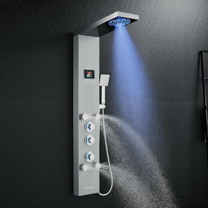 ROVOGO LED Shower Panel Tower With Lights & Digital Display, Water Powered | Rain Mist Shower Head, Handheld, 5 Body Jets, Tub Spout, Hydroelectric Shower Column Stainless Steel W/ Brass Valves, Brushed - style: 6-Function-Brushed-Water Powered