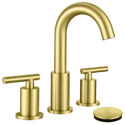 ChiLDano Brushed Gold Bathroom Faucet 3 Hole for Sink Widespread 2 Handles | Gold Vanity Faucet with Drain and Hose, Brushed Brass Gold Sink Faucet for Bathroom, 8 inch 3 Hole Faucets for Bathroom Sink - color: Brushed Gold