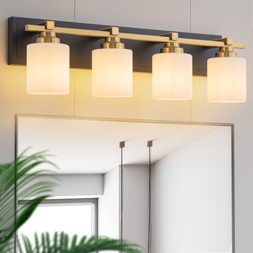 Modern Bathroom Light Fixtures Over Mirror, Vanity Lights for Bathroom Wall Sconces with Milky White Glass Shades, E26 Socket (Bulbs Not Included), 4 Light, Black Gold - color: Black Gold - Milky White Glass Shades, size: 4-Lights