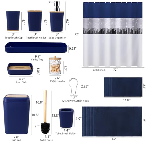 Bathroom Accessories Set with Sequin Shower Curtain, Navy Blue Bathroom Set with Trash Can,Towel Set,Shower Curtain Set - size: Bath Set+Shower Curtain, style: Navy Blue