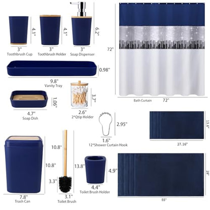 Bathroom Accessories Set with Sequin Shower Curtain, Navy Blue Bathroom Set with Trash Can,Towel Set,Shower Curtain Set - size: Bath Set+Shower Curtain, style: Navy Blue