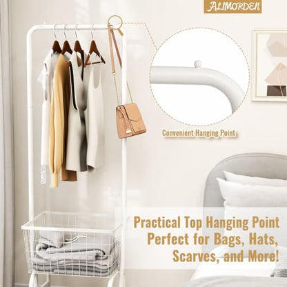 ALIMORDEN Rolling Laundry Cart with Hanging Rack & Metal Basket, White | 360° Lockable Casters, Wire Laundry Basket Cart, Hanging Rack, Powder Coated Frame for Laundry Room & Bedroom Storage - color: White