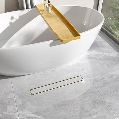 24 Inch Linear Shower Drain-Brushed Gold, with Tile Insert Grate | AISI 304 Stainless Steel Shower Drain, Rectangle Shower Floor Drain with Leveling Feet, Fits Bathroom & Balcony etc - color: Brushed Gold, size: 24 Inch