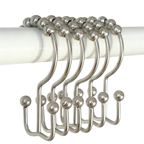 Shower Curtain Hooks, Stainless Steel Double Glide Rings, Polished Nickel, 12 Pack, Rust-Resistant, Universal Fit - color: Nickel