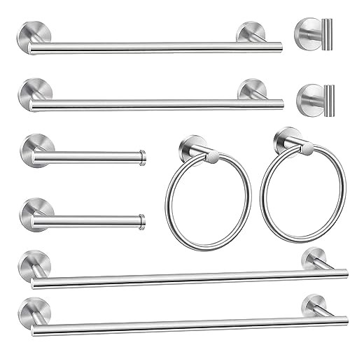 10Pcs Bath Tower Set, Includes 23.6 inch & 16 inch Towel Bars, Hooks, Rings & Toilet Paper Holder - Brushed Nickel - color: Brushed Silver, size: 24-16inch