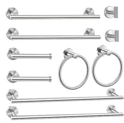 10Pcs Bath Tower Set, Includes 23.6 inch & 16 inch Towel Bars, Hooks, Rings & Toilet Paper Holder - Brushed Nickel - color: Brushed Silver, size: 24-16inch