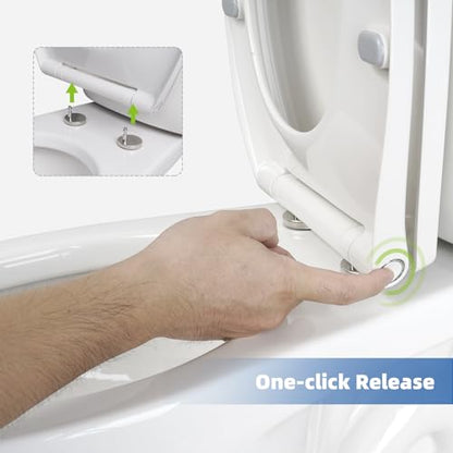 Universal Elongated Toilet Seat Softclose Cover, One-Click to Quick Release | Compatible with TOTO/Gerber/Kohler Oval Toilet Seats, 2-Pack Toilet Bolts and Nuts, Non-Slip Toilet Bumpers, White - style: One-click Universal Elongated Fit