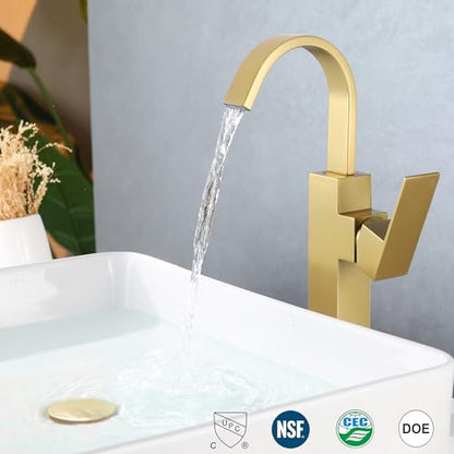 Brushed Gold Vessel Sink Faucet, Single Handle Tall Bathroom Faucet,Waterfall Bathroom Faucet Single Hole Lavatory Vanity Tap Single Hole Bar Sink Faucet with Pop Up Drain and Supply Lines,SL50044BG - color: Brushed Gold, size: Tall