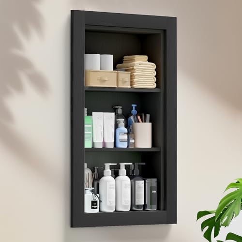 Recessed Medicine Cabinet,14x24 Recessed Wall Niche Medicine Cabinet Replacement, Water-Proof Wood Wall Niche for Bathroom/Hallway, Black - color: Black, size: 14x24