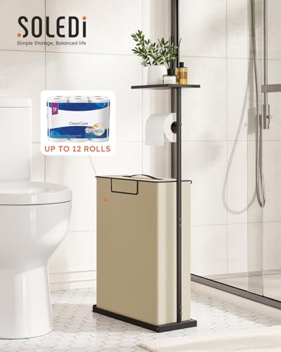 Freestanding Toilet Paper Holder Stand with Shelf for Up to 12 Rolls,Rustproof Metal Bathroom Toilet Paper Storage with Lid, All-in-One Toilet Tissue Roll Dispenser and Organizer,Beige