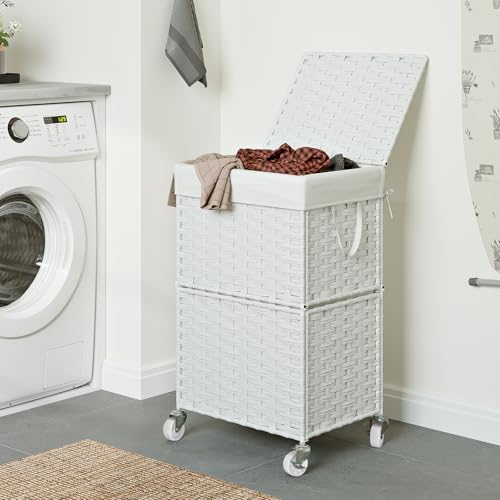 Chrislley Wicker Laundry Basket with Wheels,Rolling Laundry Hamper with Lid | 90L Slim Clothes Hamper with Wheels & Removable Liner Bag, Handwoven Rattan Laundry Organizer for Bedroom, Bathroom, White - color: White