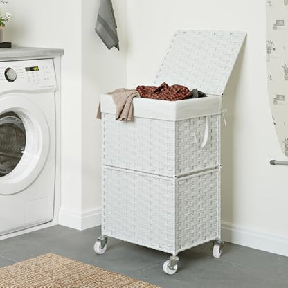Chrislley Wicker Laundry Basket with Wheels,Rolling Laundry Hamper with Lid | 90L Slim Clothes Hamper with Wheels & Removable Liner Bag, Handwoven Rattan Laundry Organizer for Bedroom, Bathroom, White - color: White