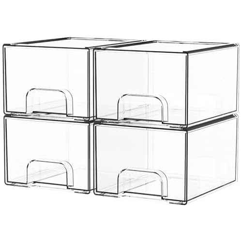 Yieach 4 Pack Clear Stackable Storage Drawers,4.4'' Tall Acrylic Drawer Containers for Organizing,Bathroom Organizers and Storage Bin Box,Plastic Makeup,Medicine Organizer Bins for Cabinet,Undersink - color: Clear-4.4 In Tall, size: 4 PCS