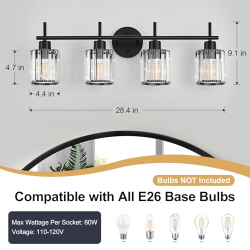 Black Bathroom Light Fixtures, Round, 4-Light | Vanity Lights with Crystal Shades, Modern Bathroom Lighting Fixtures over Mirror (Bulbs Not Included, E26) - color: Black (Round), size: 4-Light