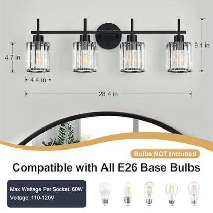 Black Bathroom Light Fixtures, Round, 4-Light | Vanity Lights with Crystal Shades, Modern Bathroom Lighting Fixtures over Mirror (Bulbs Not Included, E26) - color: Black (Round), size: 4-Light