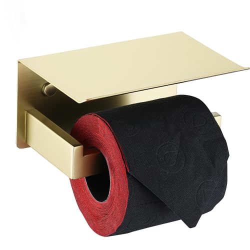 LANC Gold Toilet Paper Holder with Shelf, Toilet Paper Roll Holder with Phone Shelf for Bathroom Wall Mounted, 304 Stainless Steel Toilet Tissue Holder, Brushed Gold, A8367BG - color: Brushed Gold, size: Right
