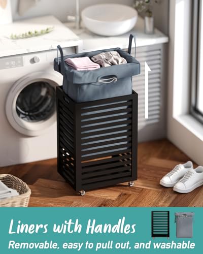 Black Laundry Hamper, Laundry Hamper with Wheels, 22.7 Gallon (86L) Bamboo Wood Clothes Laundry Basket with Handles, Removable Liner - color: Black