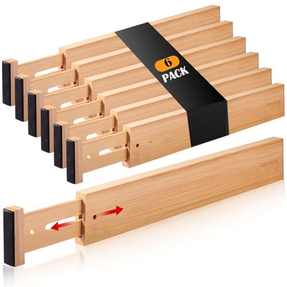 Fabsome Drawer Divider 6 Pack, Bamboo Kitchen Dividers Organizers Adjustable 17''-22'', Wooden Dresser Separators for Nursery Organization Clothes Socks Underwear Baby Clothing, with Soft Foam Ends - size: For 17-22in deep drawers inner size