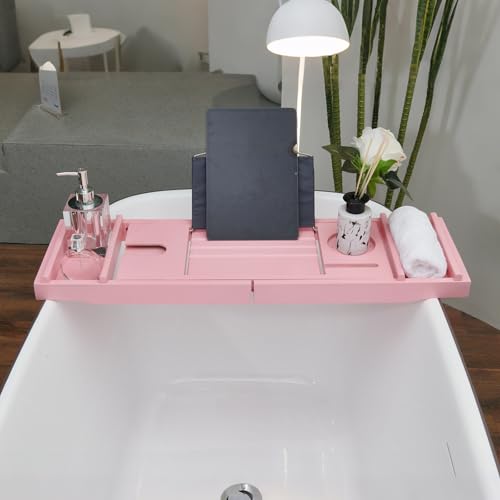 Pink Bamboo Bathtub Caddy with Bath Sponge, Bath Tray for Bathtub, Expandable Size, Fits Most Bath Tubs