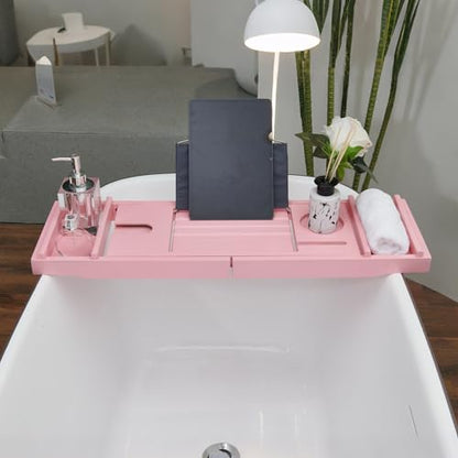 Pink Bamboo Bathtub Caddy with Bath Sponge, Bath Tray for Bathtub, Expandable Size, Fits Most Bath Tubs