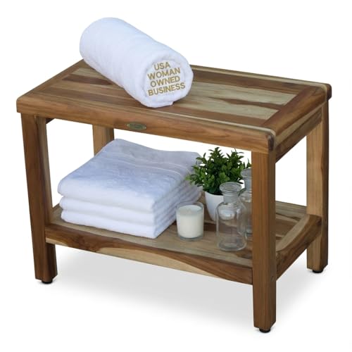 EcoDecors Eleganto 24 Inch Natural Color Waterproof Teak Wood Shower Bench Stool Seat Chair For Inside Shower Provides Safety, Storage, and Organization For Bathroom Accessories - color: Natural, size: 24 in Wide