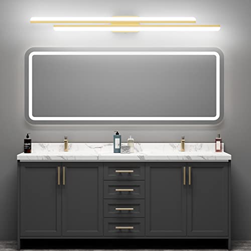 Ralbay 48" Gold Vanity Lights 48W Frosted Aluminum Modern LED Gold Bathroom Vanity Light Fixtures Over Long Mirror Modern Gold Bath Lighting 6000K White Light - color: Gold, size: 48 inch