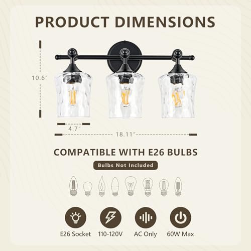 3-Light Bathroom Vanity Light Fixture Over Mirror, Matte Black | Clear Hammered Glass Shades, Beaded Crossbar Frame, Rippled Glow, Wall Mount Up or Down, E26 Socket, Hardwired, 120V - color: Matte Black