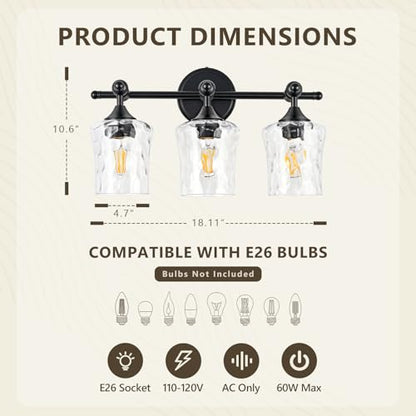 3-Light Bathroom Vanity Light Fixture Over Mirror, Matte Black | Clear Hammered Glass Shades, Beaded Crossbar Frame, Rippled Glow, Wall Mount Up or Down, E26 Socket, Hardwired, 120V - color: Matte Black