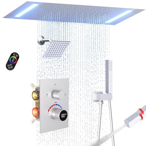 Digital Display Shower Faucet Set Dual Shower System | 14X20" LED Ceiling Shower & 6" Wall Mounted Shower Head & Dual Function Handheld Shower, Brushed Nickel - color: Brushed Nickel