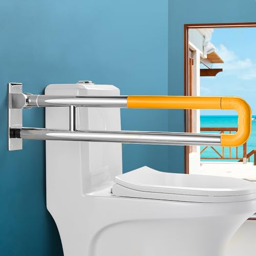 27.6 INCH Toilet Safety Rails, Disabled Flip-Up Bathroom Grab Bar, Toilet Handrails Hand Grips Handle Shower Assist Aid, Handicap Grab Bars for Elderly(Gray:Yellow) - color: Yellow