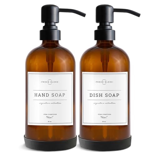Vine Creations Amber Glass Soap Dispenser, 2 Pack Kitchen Soap Dispenser Set with Stainless Steel Pump, 16 oz Dish Soap and Hand Soap Dispensers for Bathroom with Waterproof Labels - color: Amber Bottle / Matte Black Pump