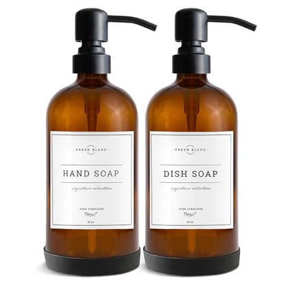 Vine Creations Amber Glass Soap Dispenser, 2 Pack Kitchen Soap Dispenser Set with Stainless Steel Pump, 16 oz Dish Soap and Hand Soap Dispensers for Bathroom with Waterproof Labels - color: Amber Bottle / Matte Black Pump