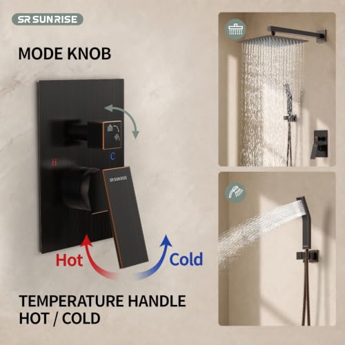 SR SUN RISE ORB Square Rainfall Shower Head and Handle Set, Wall Mounted Shower Fixtures, Metal Shower Faucet Trim Repair Kits (With Shower Valve) 10 Inches - color: Oil Rubbed Bronze, size: 10 Inch