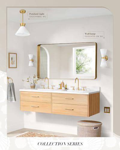 Modern Wall Sconce Set of 2, HWH 2-Light Up Down Wall Light Indoor Vanity Wall Lamp, Brushed Gold Bathroom Vanity Sconce Frosted White Striped Glass Shade, 5HZG97B-2W-2PK BG - color: Brushed Gold, size: 2-Light*2