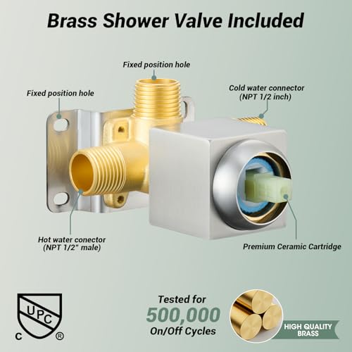 Shower Faucet Set with Valve, 8 Inch Square Rain Shower Head,Brushed Nickel | SUS304 Stainless Steel, Brass Rough-in Valve, Single Handle, Air Pressure Boost, Shower Trim Kit, Male Threads - color: Brushed Nickel