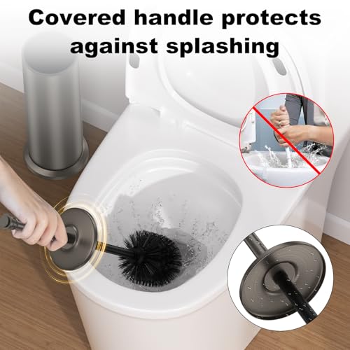 Pewter Toilet Brush and Holder，Extra Long Handled Toilet Brush for Bathroom，Stainless Steel Heavy Duty Toilet Bowl Brush,Removable Inner Bowl,Deep Cleaning Dense Bristles Cleaner Brush -Space Saving - color: Pewter