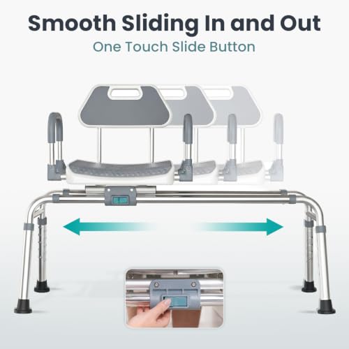 Sliding Shower Chair Tub Transfer Bench with Swivel Seat, Shower Bench for Elderly and Disabled, with Security Belt, 360 Rotation, Slides and Rotates, Adjustable,one Touch Slide Button, Grey - color: Grey