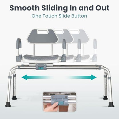 Sliding Shower Chair Tub Transfer Bench with Swivel Seat, Shower Bench for Elderly and Disabled, with Security Belt, 360 Rotation, Slides and Rotates, Adjustable,one Touch Slide Button, Grey - color: Grey