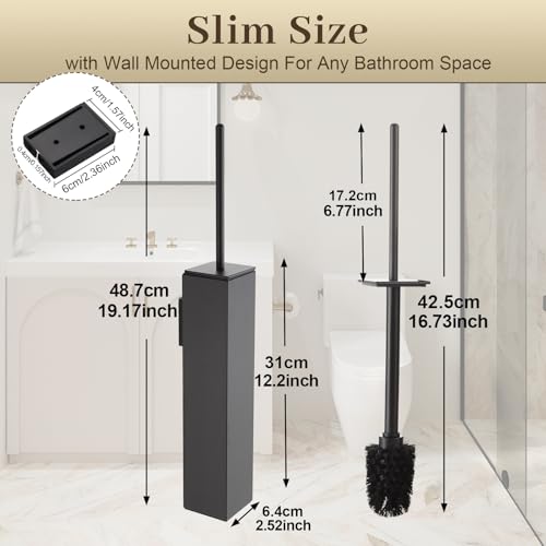 Toilet Brush and Holder Wall Mounted, Gun Gray Aluminum with 2 Replaceable Heads, Bathroom Toilet Brush, Drill or 3M Adhesive Mount, Removable Liner and Splash Guard, Modern Square Design - color: Gun Gray-wall Mounted