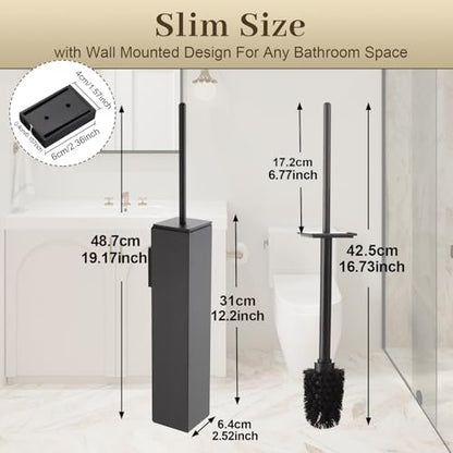 Toilet Brush and Holder Wall Mounted, Gun Gray Aluminum with 2 Replaceable Heads, Bathroom Toilet Brush, Drill or 3M Adhesive Mount, Removable Liner and Splash Guard, Modern Square Design - color: Gun Gray-wall Mounted