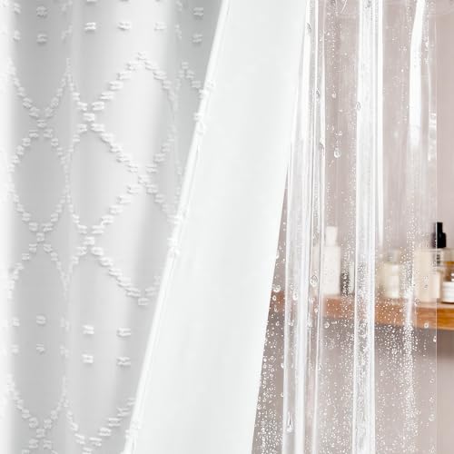 Stall Shower Curtain and Liner Set - 60 inch Wide Boho Shower Curtain and Waterproof Clear Liner, Tufted Geometric Striped Textured Tassel Shower Curtains for Bathroom, 10 Hooks, 60x72, White - color: White, size: 60"W x 72"L (Pack of 1)