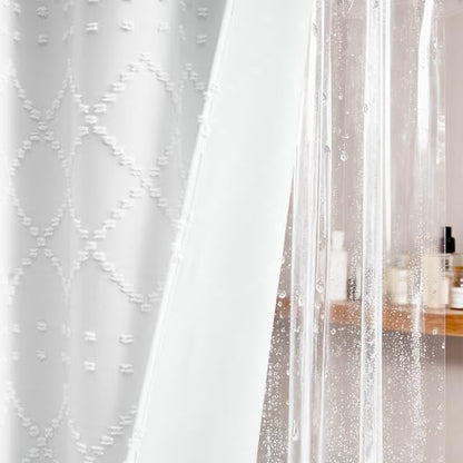 White Boho Shower Curtain and Liner Set, Farmhouse Fabric Shower Curtain and Waterproof Clear Liner, Tufted Geometric Striped Textured Tassel Shower Curtains for Bathroom with 12 Hooks, 72x72 - color: White, size: 72"W x 72"L (Pack of 1)