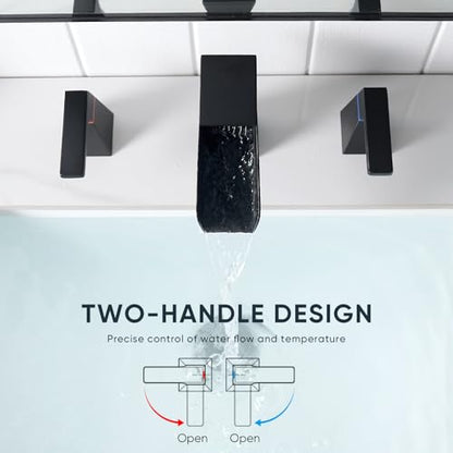 Matte Black Waterfall Bathroom Faucet for 3-Hole Sinks 8 Inch Widespread Vanity Faucet with Sculptural Trapezoid Body, Two Handles, Pop-Up Drain & Hoses - color: A - Matte Black