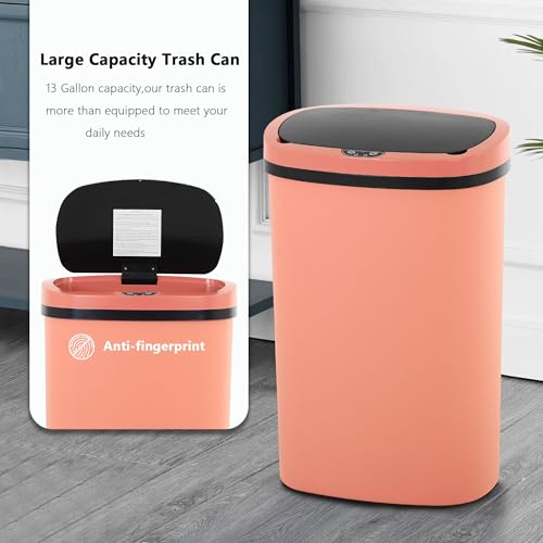 13 Gallon/50 L Kitchen Trash Can with Lid, Garbage Can with Touch-Free Lid, Cute Automatic Trash Can Bathroom Trash Bin, Motion Sensor Waterproof Trash Bin - color: Pink, size: 1 Trash Can