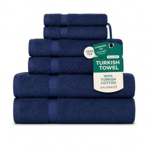 SALBAKOS - Luxury 6 Piece Towel Set, 100% Turkish Cotton, Quick Drying, Highly Absorbent & Comfy, Includes 2 Bath Towels, 2 Hand Towels & 2 Washcloths | (Navy) - color: Navy, size: 6 Piece Towel Set