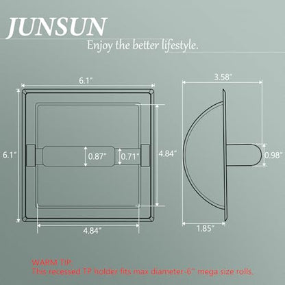 JunSun Recessed Toilet Paper Holder Matte Black Stainless Steel Toilet Paper Roll Holder Tissue Holder Modern Tissue Roll Dispenser 6" X 6" Square Jumbo Mega Roll Holder Rear Mounting Bracket Included - color: Matte Black